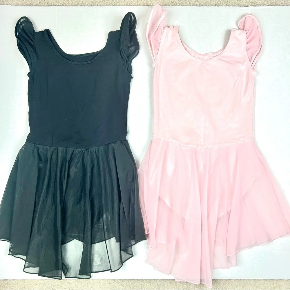 MdnMD Black and Pink Girls Flutter Sleeve Leotard Bundle